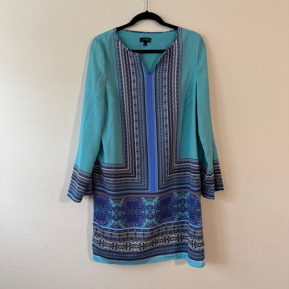 The Limited Turquoise Blue Border Print Tunic Dress Women’s Size XL 3/4 Sleeve